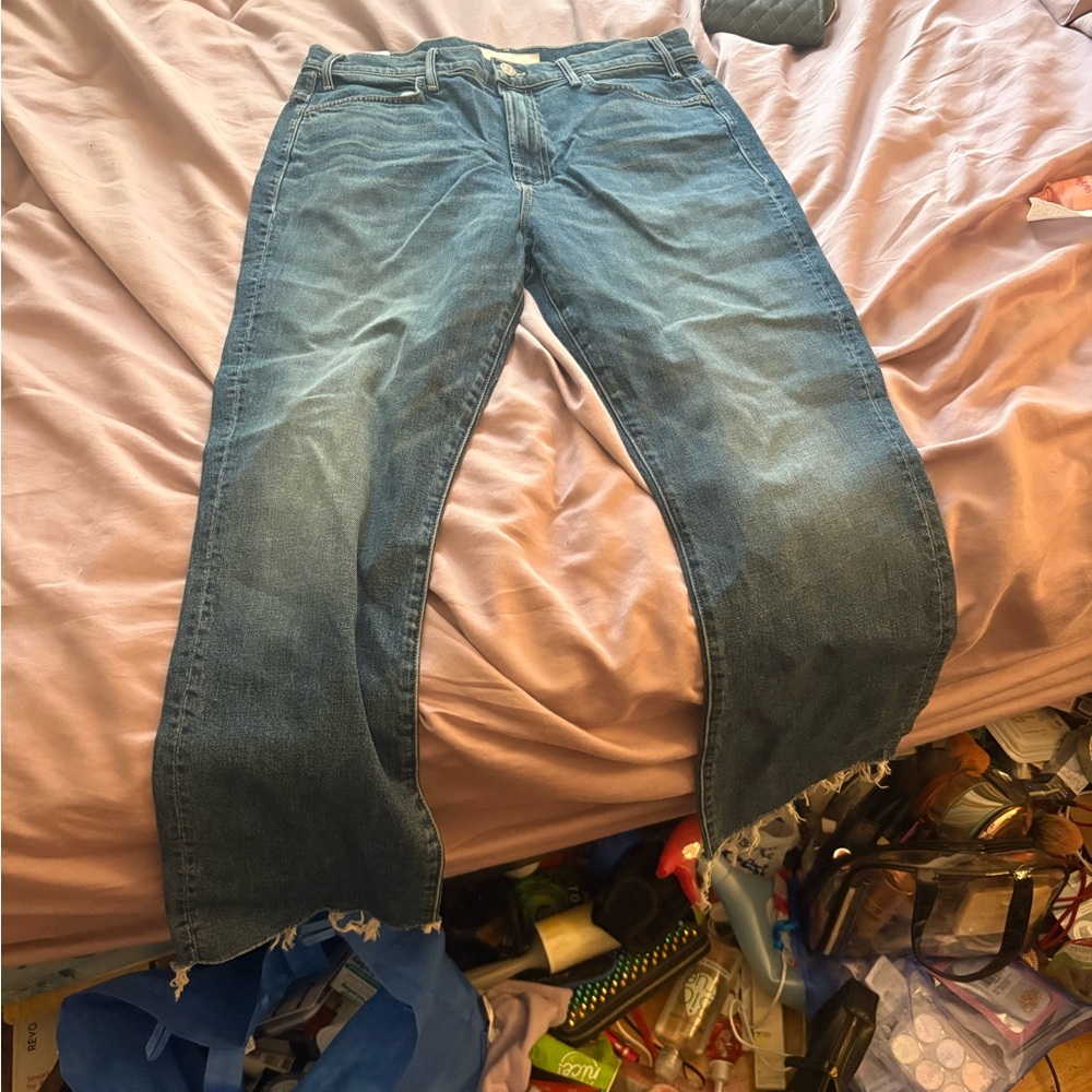 MOTHER Raw-Hem Straight Leg Jeans in Medium Blue Denim